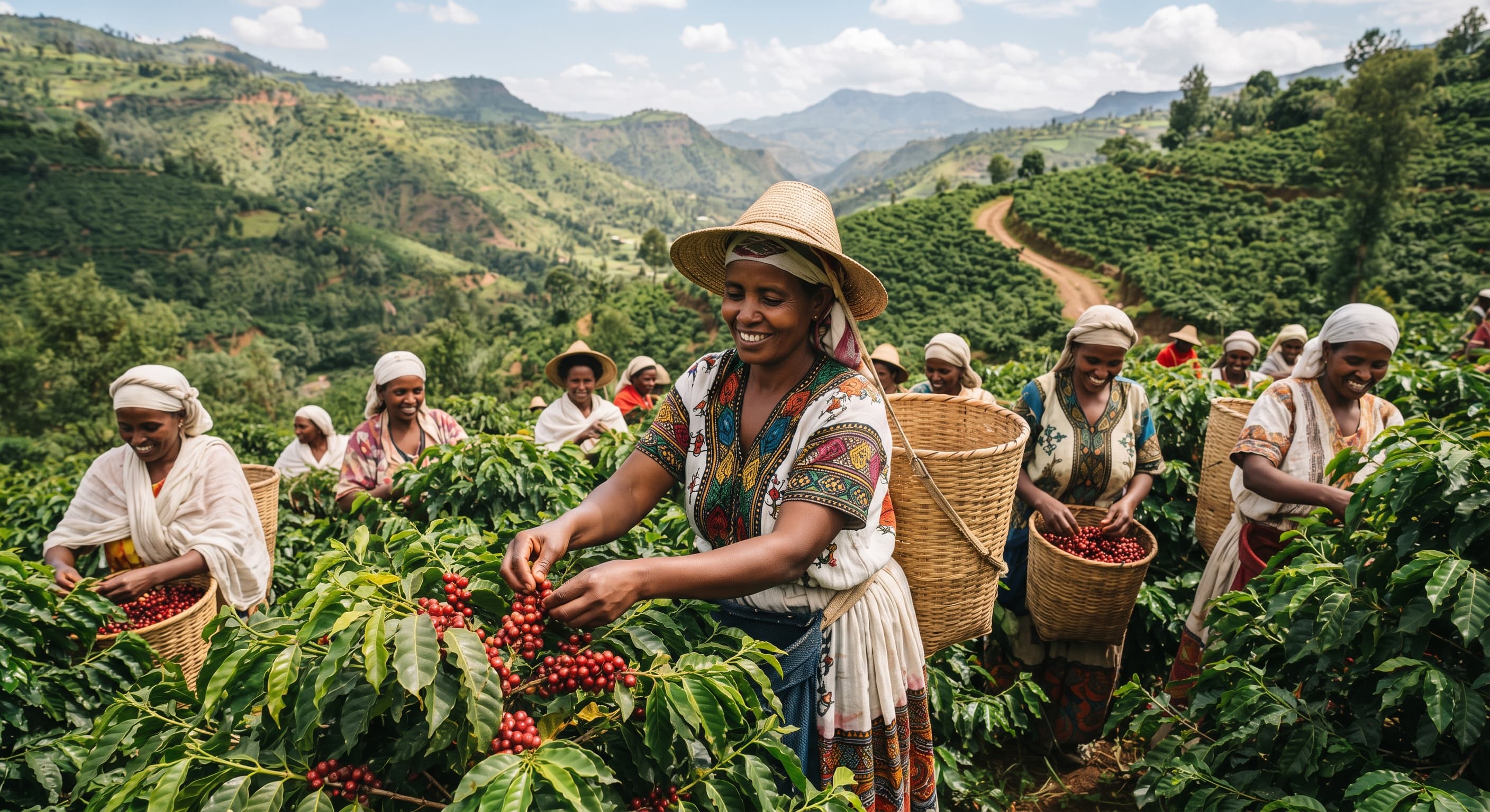 Farmers hand-picking ripe coffee cherries on a hillside plantation in Kinihira, Ruhango, Rwanda